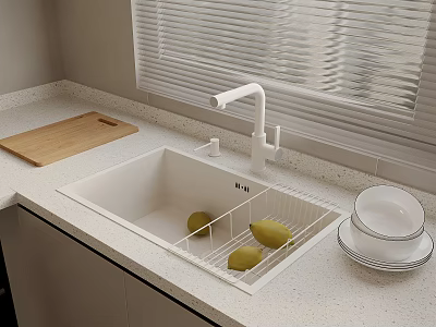 Modern Kitchen Sink with White Drainer Lemons Wooden Cutting Board Stacked Bowls and Window Blinds 3d model