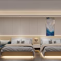 Modern Hotel Room Interior With Two Beds Headboards Artwork Sofa And Soft Lighting 3d model