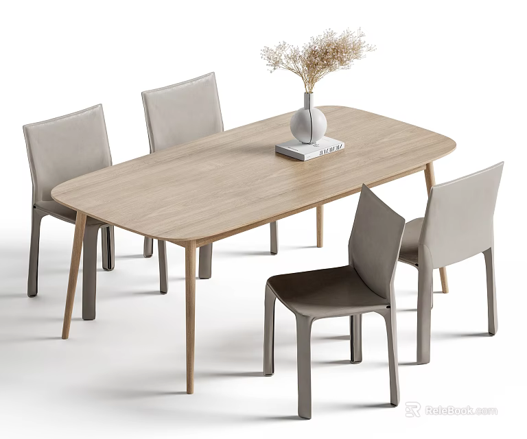 Modern Dining Table Set With Wooden Rectangular Table Light Gray Chairs Vase And Dried Flowers 3d model 