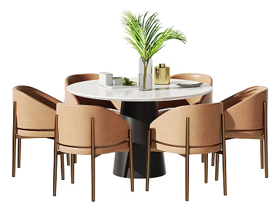 Modern Round Dining Table Set With Light Brown Chairs Metal Legs And Green Plant Decor 3d model
