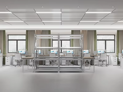 Modern Public Office Space With Open Layout Workstations Computers Windows And Green Curtains 3d model