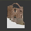 Ancient Red Brick Building Ruins Model With Arched Windows And Stone Base 3d model