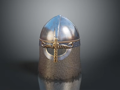 Medieval Historical Metal Helmet Featuring Golden Decorative Element And Chainmail Visor 3d model