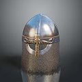 Medieval Historical Metal Helmet Featuring Golden Decorative Element And Chainmail Visor