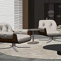 Two Beige Leisure Chairs With Wooden Armrests Round Coffee Table Window Blinds And Round Rug
