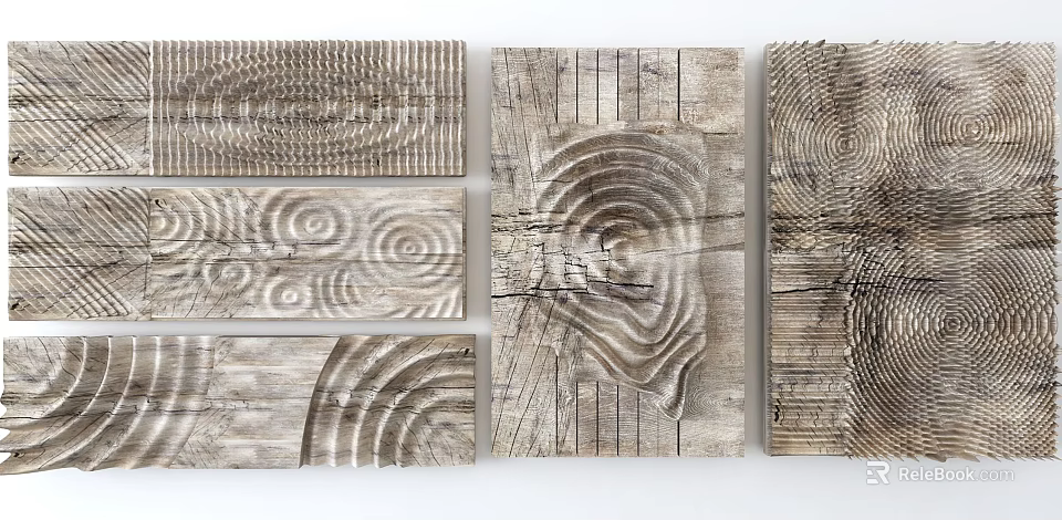 Natural Rustic Wooden Wall Decor With Various Carved Patterns Spiral And Fingerprint Textures 3d model 