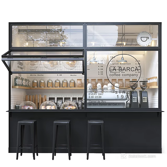 La Barca Cafe Interior With Coffee Bean Jars Counter And Black Stools 3d model
