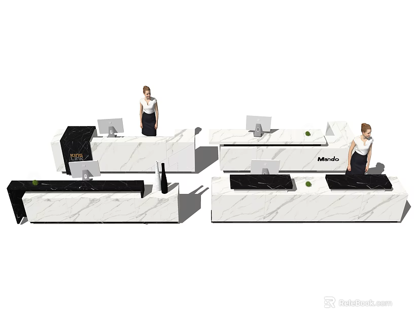 Modern Reception Desk Interior With Marble Surface Computer Plant And Receptionist 3d model