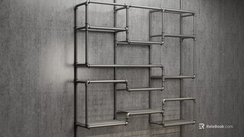 Iron Pipe Wall Mounted Open Shelving Unit With Geometric Design For Storage And 3d model