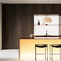 Modern Restaurant Kitchen With Dark Cabinets Orange Island Counter Pendant Lights And Black Bar Stools