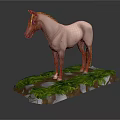 3D Model White And Brown Horse Standing on Base With Green Grass And White Rocks