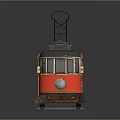 Red Electric Tram With Silver Roof Windows And Tracks On Dark Background