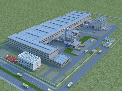 Industrial Factory Complex With Warehouse Office Building Parking Lot Vehicles Road And Green Area 3d model