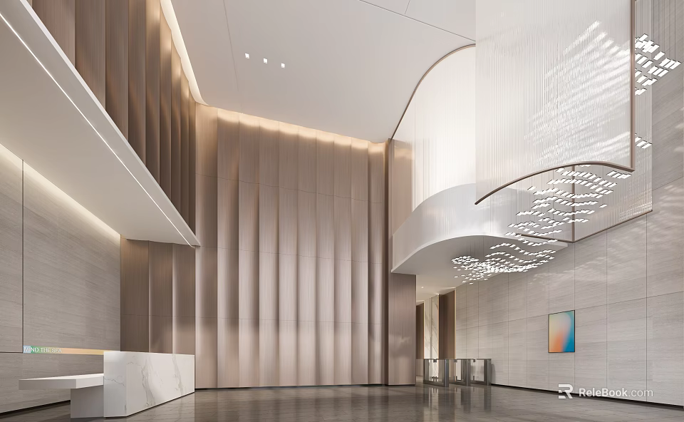 Elegant Modern Reception Area Design With Marble Desk Textured Walls And Hanging Lighting Fixture 3d model 