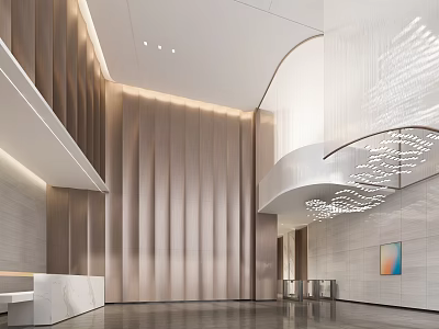 Elegant Modern Reception Area Design With Marble Desk Textured Walls And Hanging Lighting Fixture 3d model