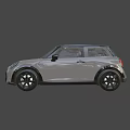 Light Gray Mini Cooper Car Featuring Black Stripes Black Roof Round Headlights And Black Wheels