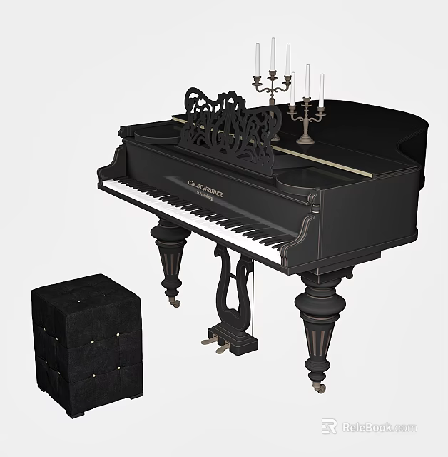 Elegant Black Grand Piano with Matching Stool and Ornate Candelabra Decoration 3d model 