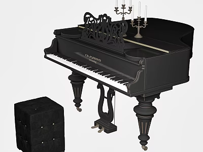 Elegant Black Grand Piano with Matching Stool and Ornate Candelabra Decoration 3d model