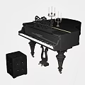 Elegant Black Grand Piano with Matching Stool and Ornate Candelabra Decoration