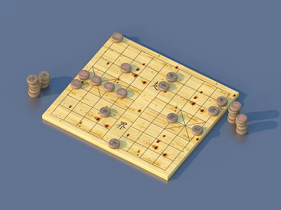 Traditional Chinese Chess Board Game Featuring Arranged Pieces and Stacked Reserves for Entertainment 3d model