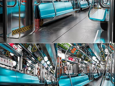 Modern Subway Car Interior With Blue Seats Handrails And Ceiling Lights 3d model