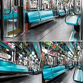 Modern Subway Car Interior With Blue Seats Handrails And Ceiling Lights