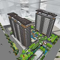 Modern High Rise Residential Buildings With Trees And Cars Under Blue Sky