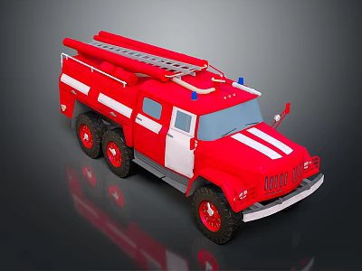 Red Fire Truck 3D Model With Ladder And White Stripes On Dark Background 3d model