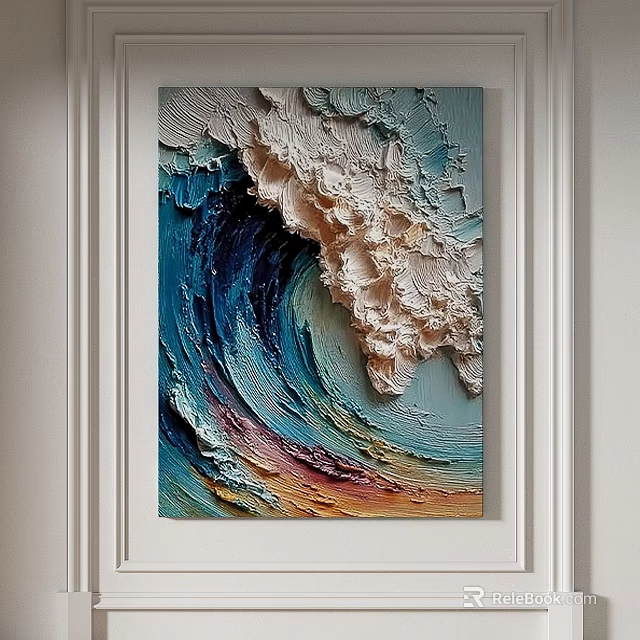 Abstract Painting with 3D Relief Texture Blue White Beige Orange Hues Wall Mounted Decorative Artwork 3d model 