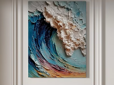 Abstract Painting with 3D Relief Texture Blue White Beige Orange Hues Wall Mounted Decorative Artwork 3d model
