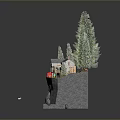 Miniature Scene With Small House Pine Trees Rock Base And Green Grass