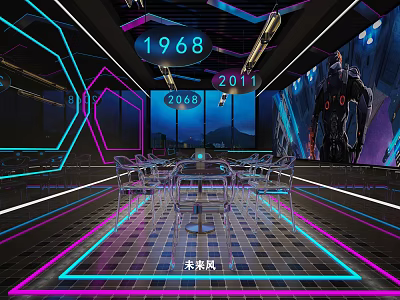 Futuristic Interior Space With Neon Lights Digital Years And Transparent Furniture 3d model