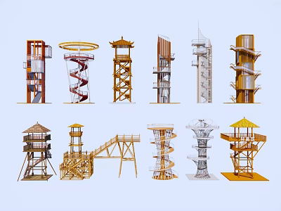 Various Architectural Tower Designs With Spiral Structures And Observation Decks 3d model