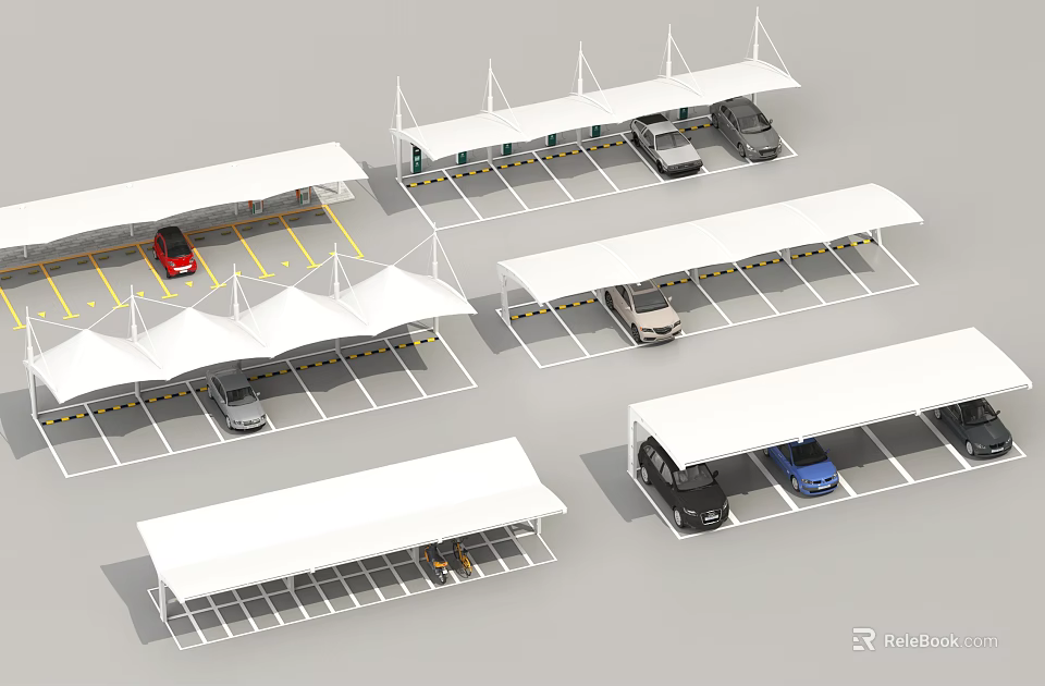 Parking Lot With Multiple Covered Canopies And Parked Vehicles In Spaces 3d model 