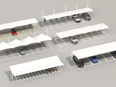 Parking Lot With Multiple Covered Canopies And Parked Vehicles In Spaces 3d model