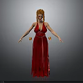 Woman In Red Long Dress With Golden Headdress Holding Yellow Objects On Gray Background