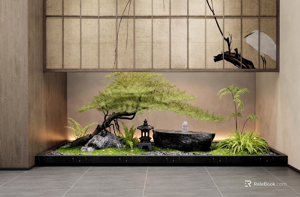 Japanese style Interior Landscape With Wooden Lattice Green Pine Tree Stones Stone Lantern And Mossy Grass 3d model 
