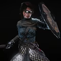 Armored Fantasy Warrior Woman Holding Sword And Shield With Red Object At Her Feet
