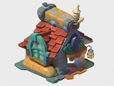 Cartoon Scene House With Red Tiled Roof Green Window And Hanging Lantern 3d model