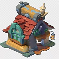 Cartoon Scene House With Red Tiled Roof Green Window And Hanging Lantern