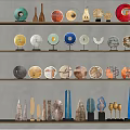 Decorative Ornament Set on Multilayer Shelves with Various Shapes Colorful Designs for Home Decoration