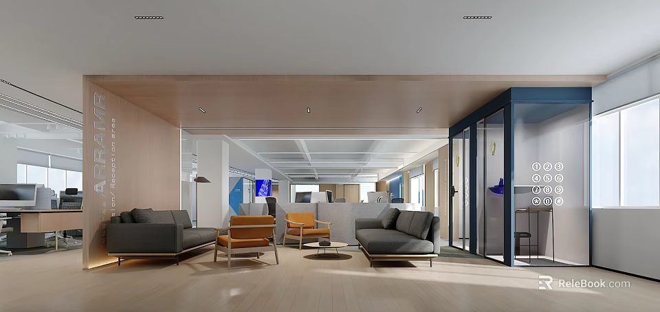 Modern Public Office Space Design With Sofas Chairs Open Layout And Glass Partitions 3d model 