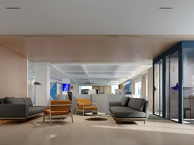 Modern Public Office Space Design With Sofas Chairs Open Layout And Glass Partitions 3d model
