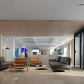 Modern Public Office Space Design With Sofas Chairs Open Layout And Glass Partitions