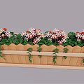 Wooden Flower Planter with White Pink Flowers and Green Vines Decoration