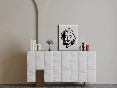 Modern White Console Sideboard Cabinet With Artwork Lamp And Decorative Books 3d model
