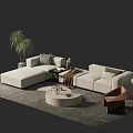 Modern Sectional Sofa And Round Coffee Table Set With Throw Pillows Blanket And Plants 3d model