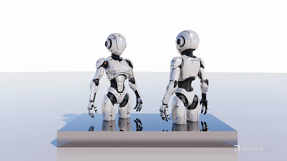 Modern Detailed Robot Sculptures White with Black Details Standing on Display Platform 3d model 