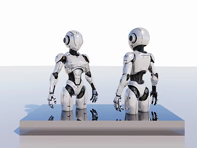 Modern Detailed Robot Sculptures White with Black Details Standing on Display Platform 3d model