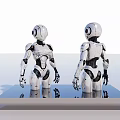 Modern Detailed Robot Sculptures White with Black Details Standing on Display Platform